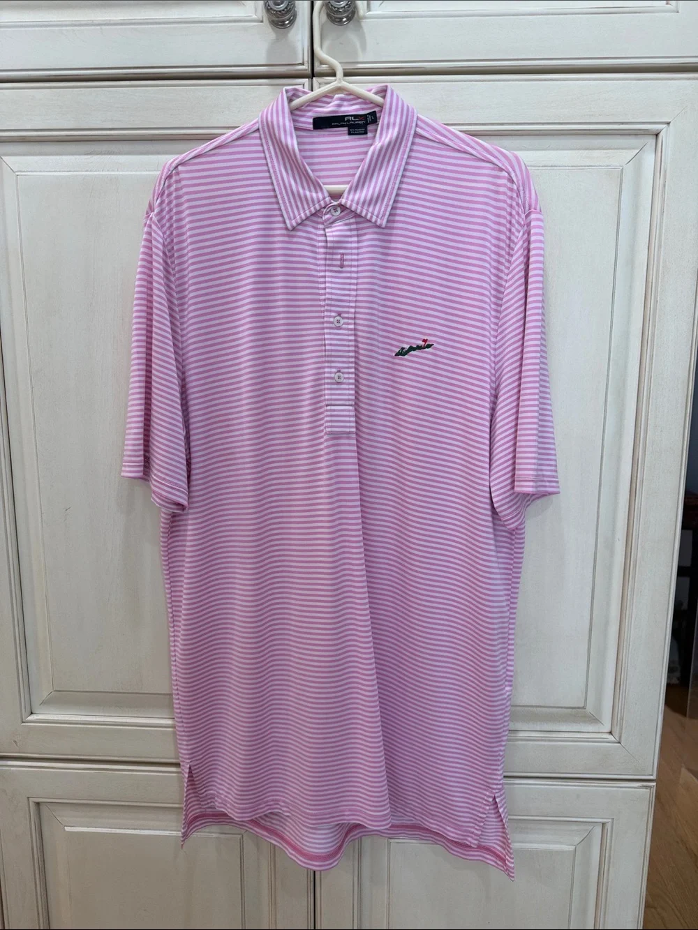 Ralph Lauren Pink & White Striped golf Polo Shirt with Fishers Island Logo